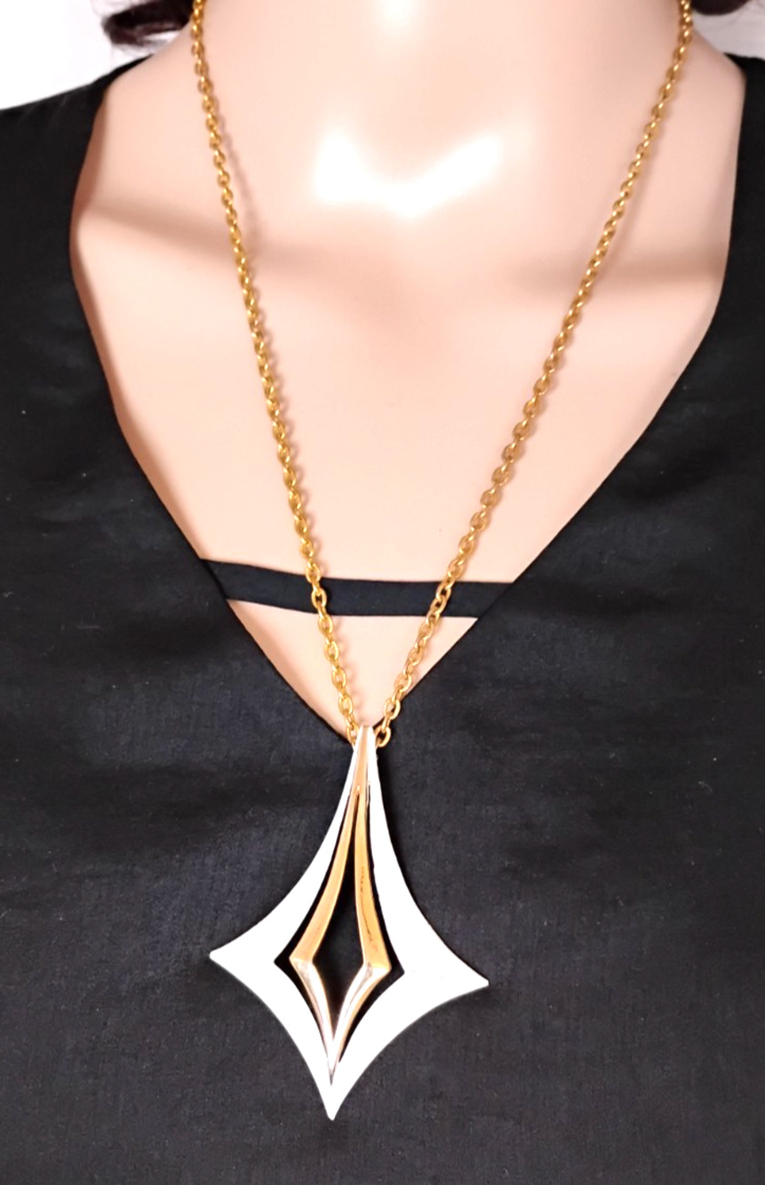 L Razza White Enamel Geometric Pendant Necklace Long Chain Art Deco